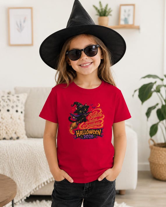 Weiteres Produktbild: Kinder-Halloween-T-Shirt aus Baumwolle mit Hexenkatze – Süßes oder Saures 2026