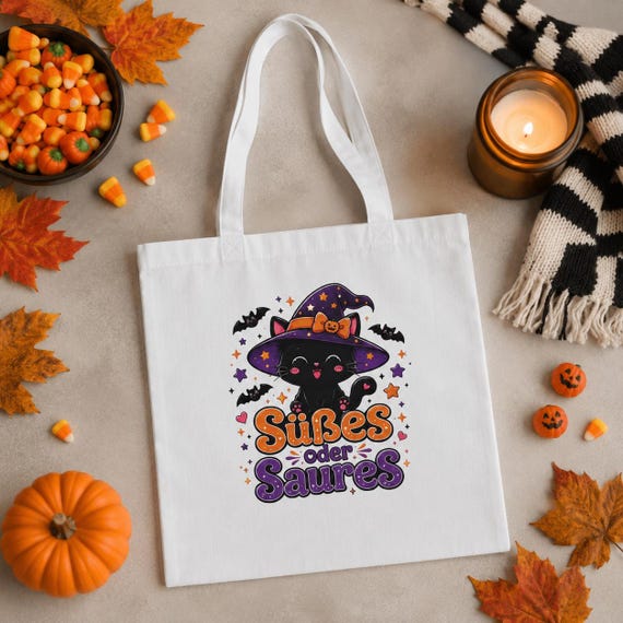 Halloween Tragetasche mit Hexenkatze – Süßes oder Saures Beutel