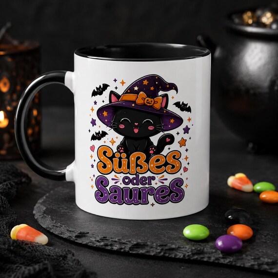 Halloween Tasse mit Hexenkatze – Süßes oder Saures Kawaii Katzenbecher