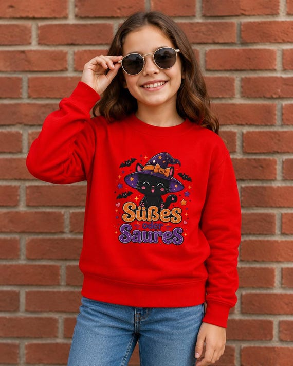 Weiteres Produktbild: Halloween Sweatshirt mit Hexenkatze – Süßes oder Saures Kawaii Pullover