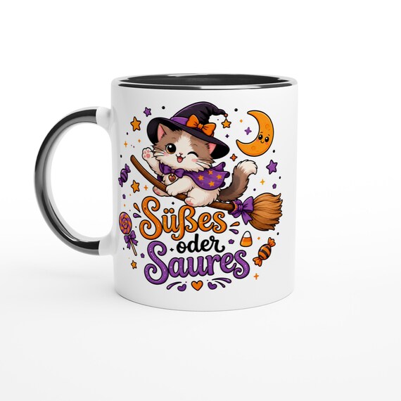 Weiteres Produktbild: Halloween Tasse mit Hexenkatze – Süßes oder Saures Kawaii Becher