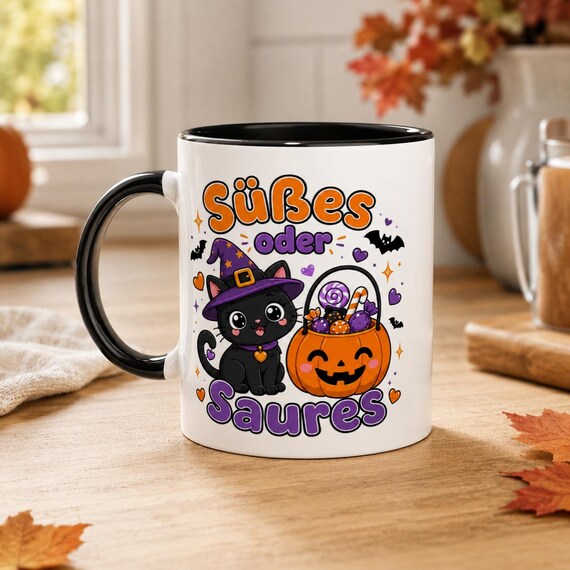 Weiteres Produktbild: Halloween Tasse mit Hexenkatze – Süßes oder Saures Kawaii Becher
