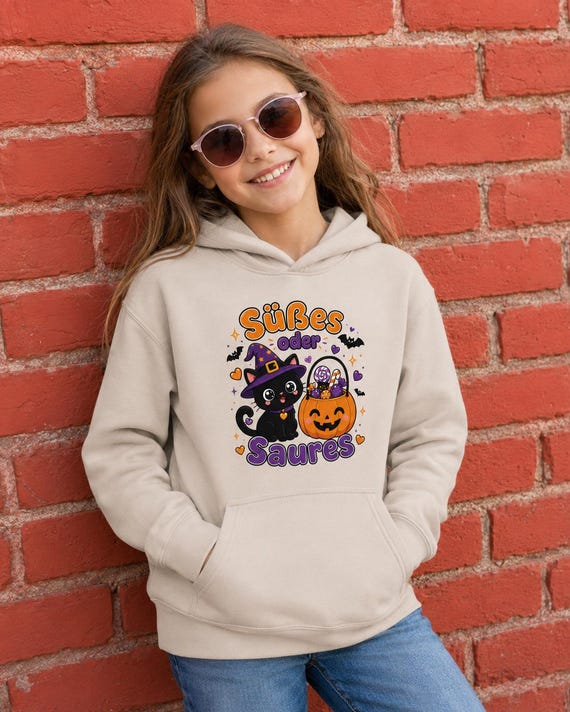 Weiteres Produktbild: Kinder Halloween Hoodie mit Hexenkatze – Süßes oder Saures Kawaii Pullover