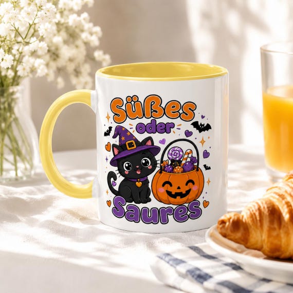 Halloween Tasse mit Hexenkatze – Süßes oder Saures Kawaii Becher