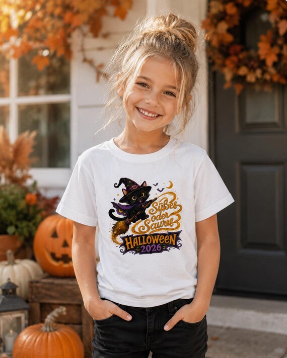 Weiteres Produktbild: Kinder-Halloween-T-Shirt aus Baumwolle mit Hexenkatze – Halloween Tshirt, Halloween Fan