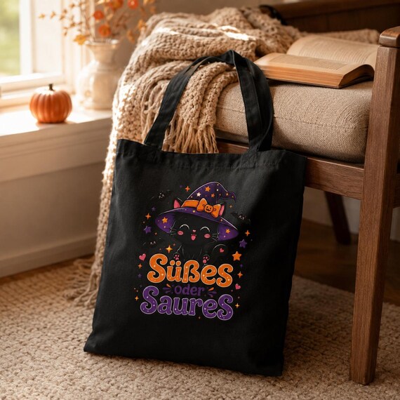 Weiteres Produktbild: Halloween Tragetasche mit Hexenkatze – Süßes oder Saures Beutel