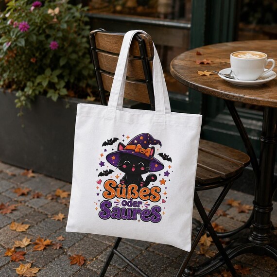 Weiteres Produktbild: Halloween Tragetasche mit Hexenkatze – Süßes oder Saures Beutel