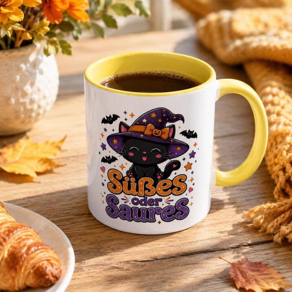 Weiteres Produktbild: Halloween Tasse mit Hexenkatze – Süßes oder Saures Kawaii Katzenbecher