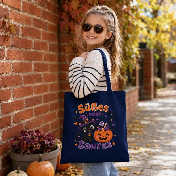 Weiteres Produktbild: Halloween Tragetasche Kinder – Süßes oder Saures Beutel mit Hexenkatze