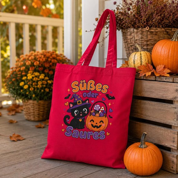 Weiteres Produktbild: Halloween Tragetasche Kinder – Süßes oder Saures Beutel mit Hexenkatze