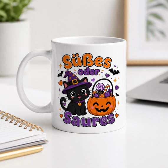 Weiteres Produktbild: Halloween Tasse mit Hexenkatze – Süßes oder Saures Kawaii Becher