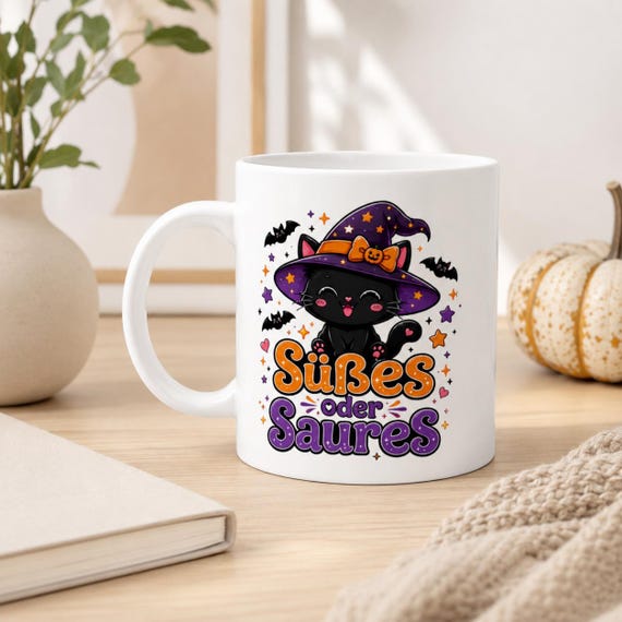 Weiteres Produktbild: Halloween Tasse mit Hexenkatze – Süßes oder Saures Kawaii Katzenbecher