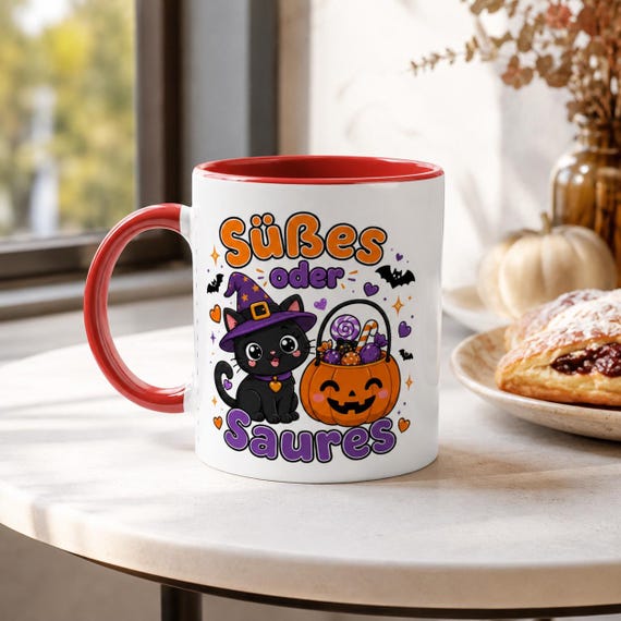 Weiteres Produktbild: Halloween Tasse mit Hexenkatze – Süßes oder Saures Kawaii Becher