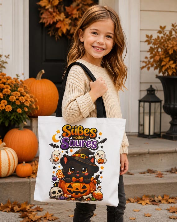 Halloween Tasche für Kinder, Süßes oder Saures Hexe, Halloween Katze, Kinder Halloween Bag, Süßígkeiten Tasche