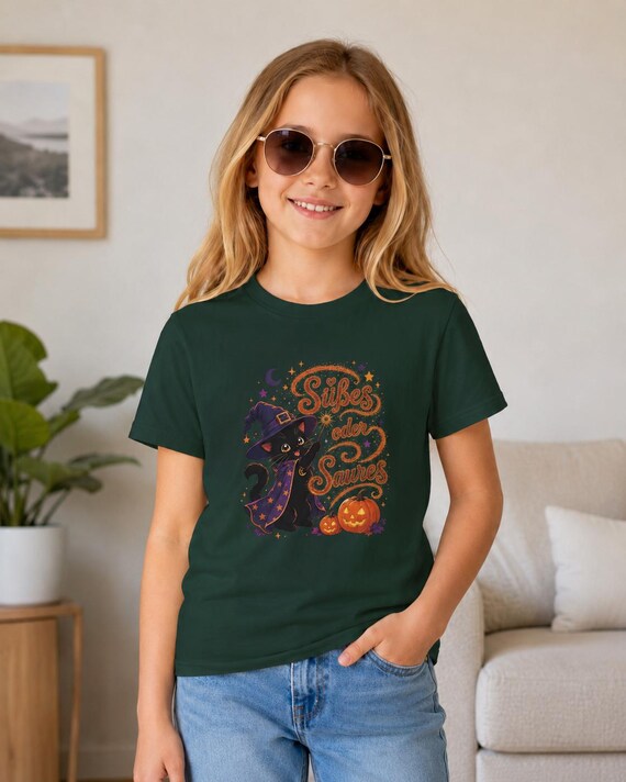 Weiteres Produktbild: Halloween T-Shirt für Kinder mit Hexenkatze, Kürbis und „Süßes oder Saures“