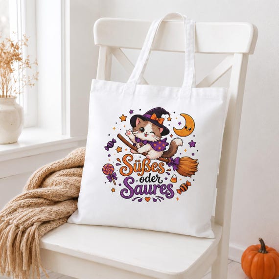Weiteres Produktbild: Halloween Tragetasche für Kinder mit Hexenkatze – Süßes oder Saures Beutel