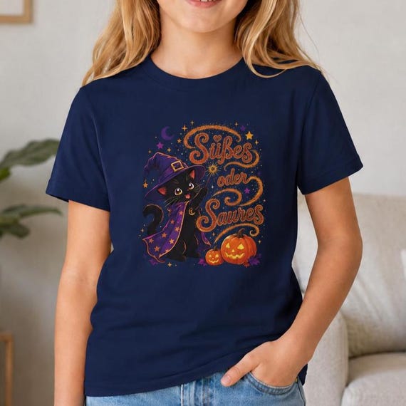 Halloween T-Shirt für Kinder mit Hexenkatze, Kürbis und „Süßes oder Saures“