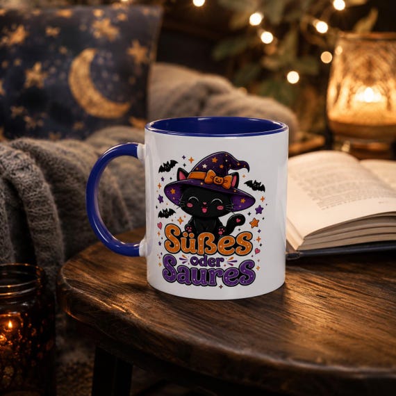 Weiteres Produktbild: Halloween Tasse mit Hexenkatze – Süßes oder Saures Kawaii Katzenbecher