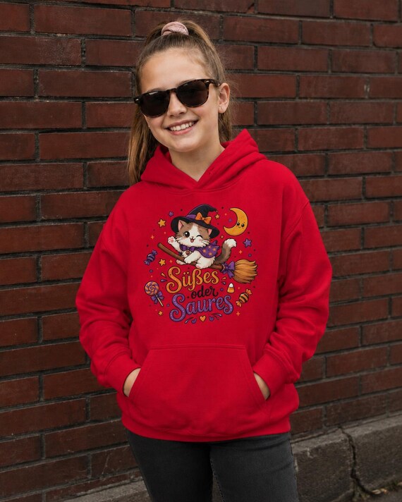 Weiteres Produktbild: Halloween Kinder Hoodie mit Hexenkatze – Süßes oder Saures