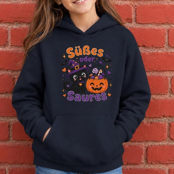 Kinder Halloween Hoodie mit Hexenkatze – Süßes oder Saures Kawaii Pullover
