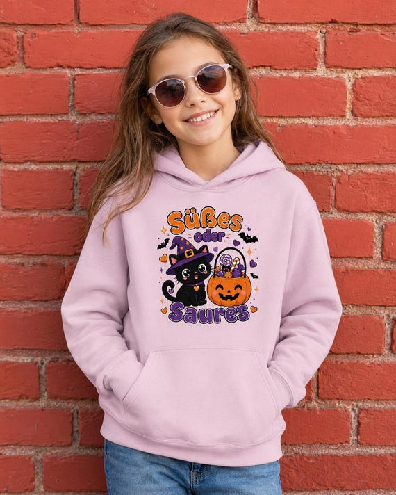 Weiteres Produktbild: Kinder Halloween Hoodie mit Hexenkatze – Süßes oder Saures Kawaii Pullover