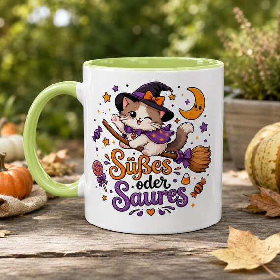 Weiteres Produktbild: Halloween Tasse mit Hexenkatze – Süßes oder Saures Kawaii Becher
