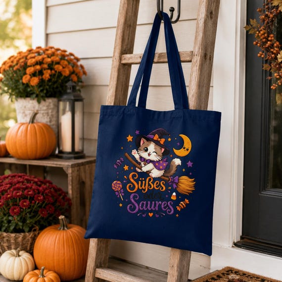 Weiteres Produktbild: Halloween Tragetasche für Kinder mit Hexenkatze – Süßes oder Saures Beutel