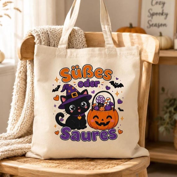 Halloween Tragetasche Kinder – Süßes oder Saures Beutel mit Hexenkatze