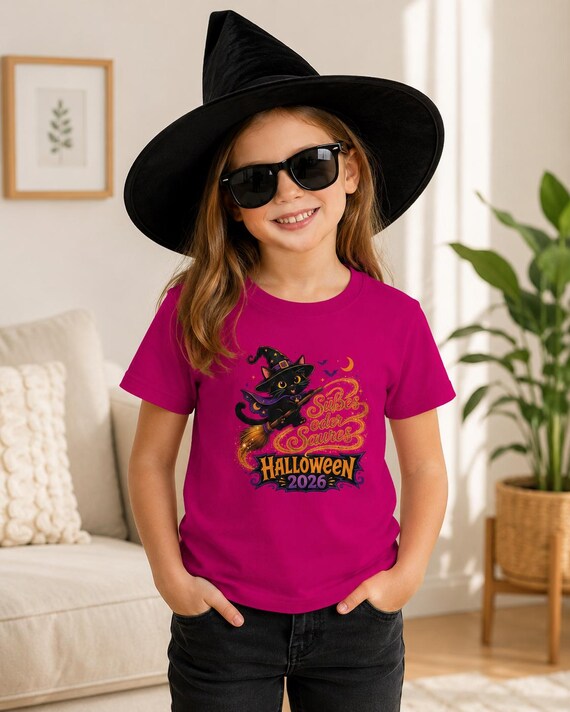 Kinder-Halloween-T-Shirt aus Baumwolle mit Hexenkatze – Süßes oder Saures 2026
