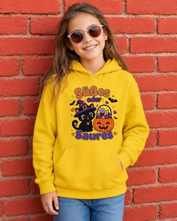 Weiteres Produktbild: Kinder Halloween Hoodie mit Hexenkatze – Süßes oder Saures Kawaii Pullover