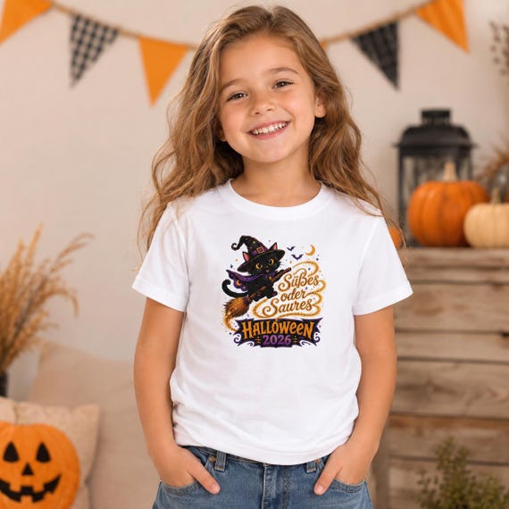 Kinder-Halloween-T-Shirt aus Baumwolle mit Hexenkatze – Halloween Tshirt, Halloween Fan