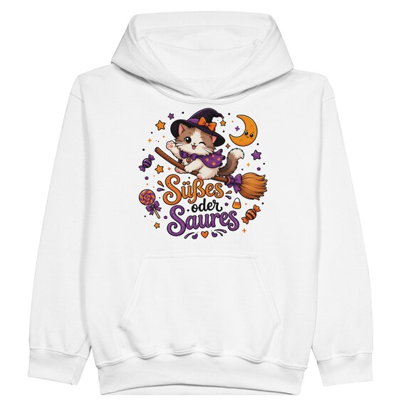 Weiteres Produktbild: Halloween Kinder Hoodie mit Hexenkatze – Süßes oder Saures