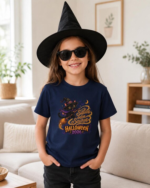 Weiteres Produktbild: Kinder-Halloween-T-Shirt aus Baumwolle mit Hexenkatze – Süßes oder Saures 2026