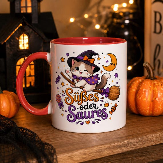 Weiteres Produktbild: Halloween Tasse mit Hexenkatze – Süßes oder Saures Kawaii Becher