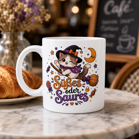 Weiteres Produktbild: Halloween Tasse mit Hexenkatze – Süßes oder Saures Kawaii Becher