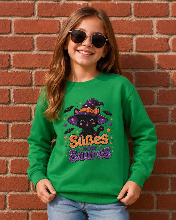 Halloween Sweatshirt mit Hexenkatze – Süßes oder Saures Kawaii Pullover