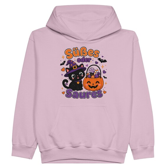 Weiteres Produktbild: Kinder Halloween Hoodie mit Hexenkatze – Süßes oder Saures Kawaii Pullover