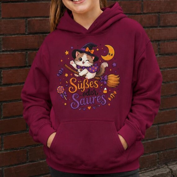 Halloween Kinder Hoodie mit Hexenkatze – Süßes oder Saures