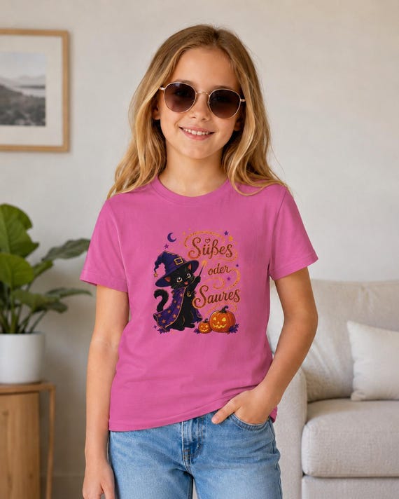 Weiteres Produktbild: Halloween T-Shirt für Kinder mit Hexenkatze, Kürbis und „Süßes oder Saures“