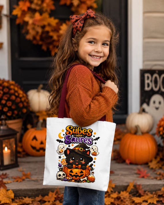 Weiteres Produktbild: Halloween Tasche für Kinder, Süßes oder Saures Hexe, Halloween Katze, Kinder Halloween Bag, Süßígkeiten Tasche