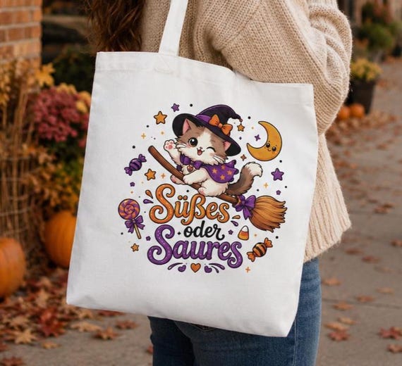 Weiteres Produktbild: Halloween Tragetasche für Kinder mit Hexenkatze – Süßes oder Saures Beutel