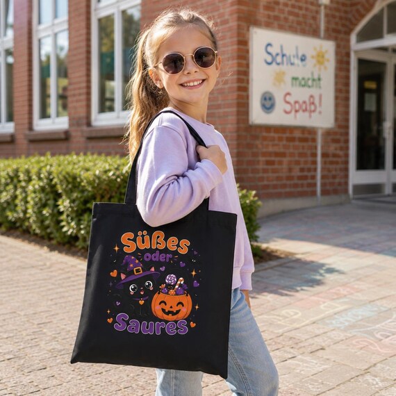 Weiteres Produktbild: Halloween Tragetasche Kinder – Süßes oder Saures Beutel mit Hexenkatze