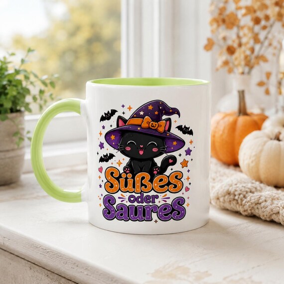 Weiteres Produktbild: Halloween Tasse mit Hexenkatze – Süßes oder Saures Kawaii Katzenbecher