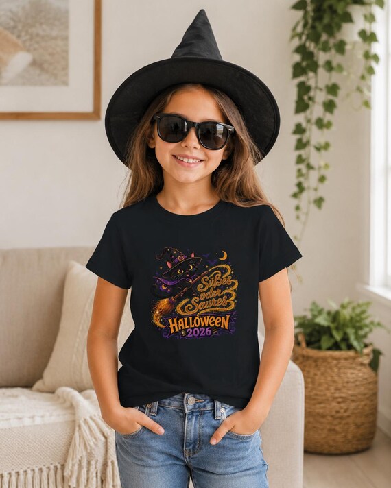 Weiteres Produktbild: Kinder-Halloween-T-Shirt aus Baumwolle mit Hexenkatze – Süßes oder Saures 2026