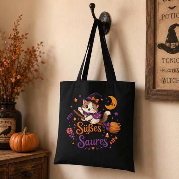 Weiteres Produktbild: Halloween Tragetasche für Kinder mit Hexenkatze – Süßes oder Saures Beutel