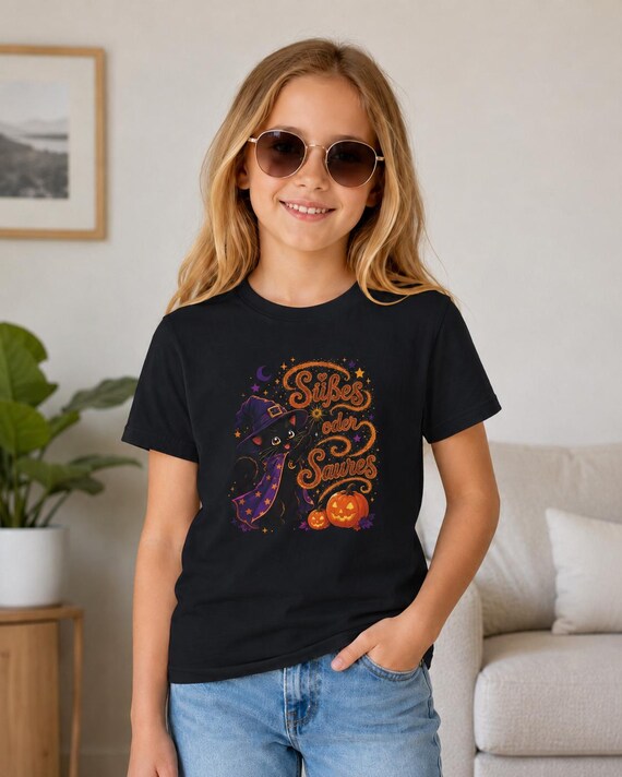 Weiteres Produktbild: Halloween T-Shirt für Kinder mit Hexenkatze, Kürbis und „Süßes oder Saures“