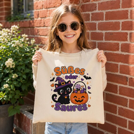 Weiteres Produktbild: Halloween Tragetasche Kinder – Süßes oder Saures Beutel mit Hexenkatze