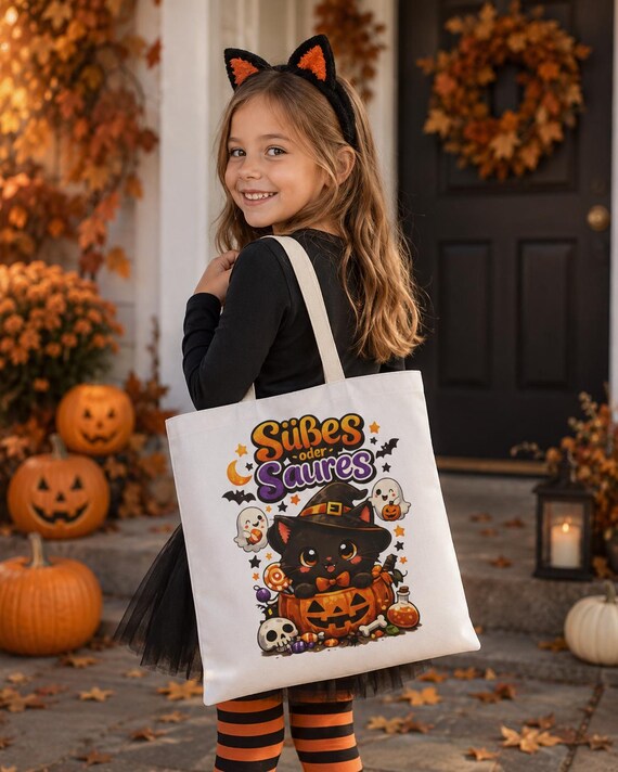 Weiteres Produktbild: Halloween Tasche für Kinder, Süßes oder Saures Hexe, Halloween Katze, Kinder Halloween Bag, Süßígkeiten Tasche