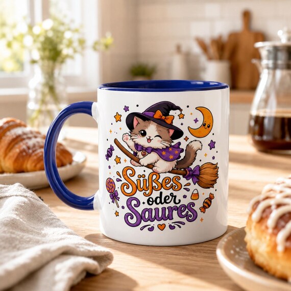 Weiteres Produktbild: Halloween Tasse mit Hexenkatze – Süßes oder Saures Kawaii Becher