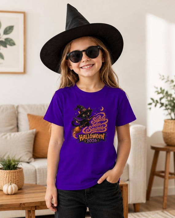 Weiteres Produktbild: Kinder-Halloween-T-Shirt aus Baumwolle mit Hexenkatze – Süßes oder Saures 2026
